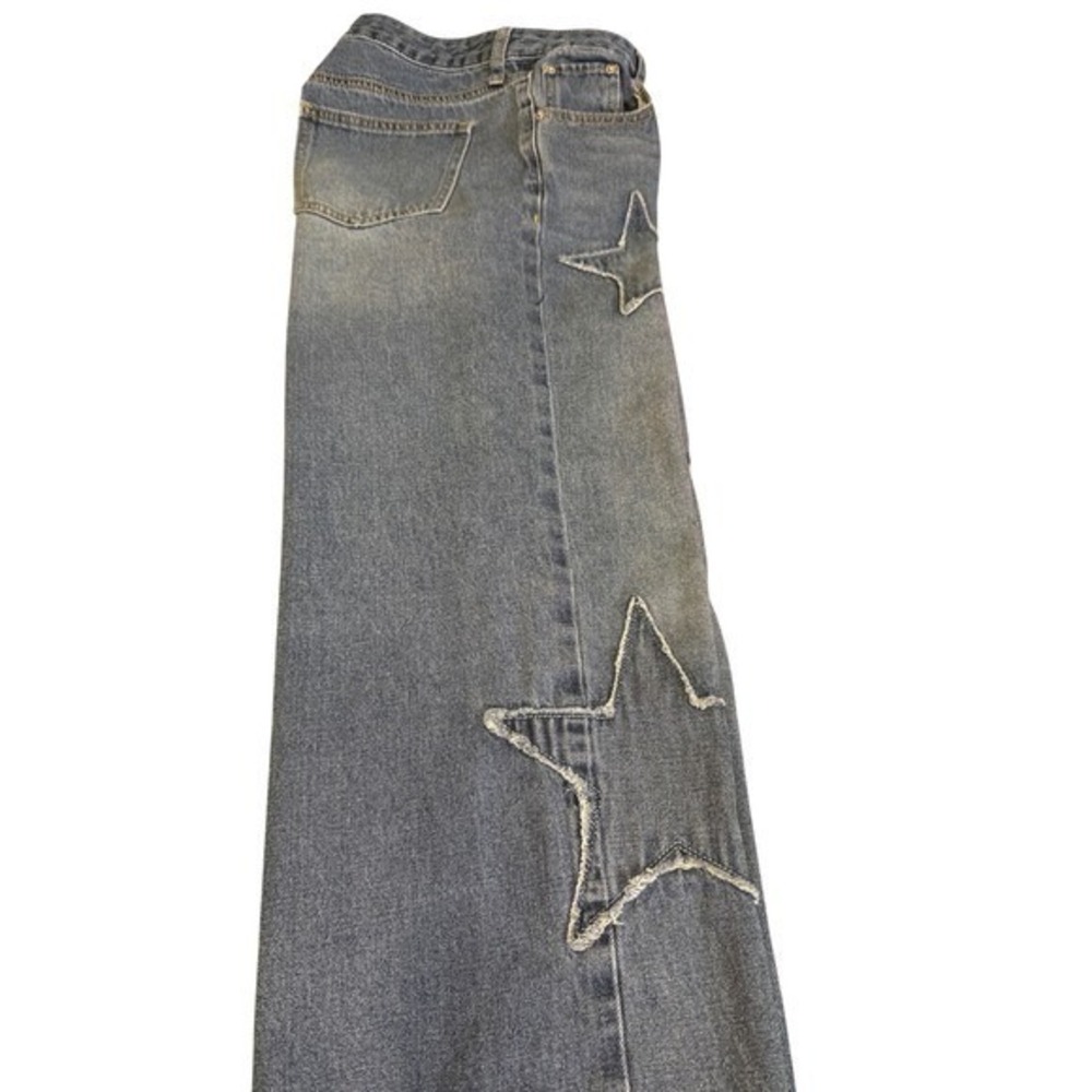 Ashley Mason Jeans Womens Blue Denim Star Patch Wide‎ Leg Cropped Frayed Hem